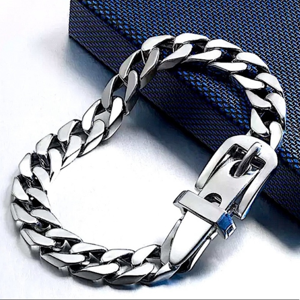 Belt Buckle Sterling Silver Chain Link Necklace Bracelet Matching Set - Picture 12 of 14